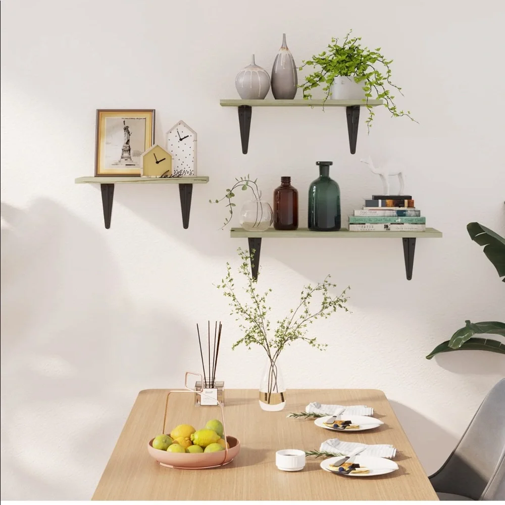 NEW! Floating Wood Shelves Wall Storage Set of 3 Varying Sizes Carbonized Green